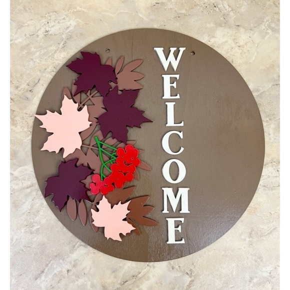 Welcome Handcrafted Hand Painted 11.75" Round Layered Wood Sign Leaves Berries - Picture 1 of 4